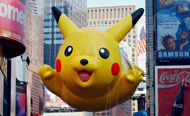 A huge inflatable Pikachu during the 75th Macy's Thanksgiving Day Parade.