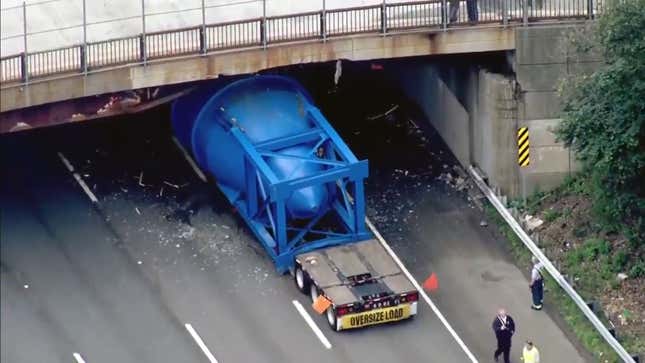 Image for article titled A Big Blue Thing Just Decimated A Low Bridge Over I-93 In Boston