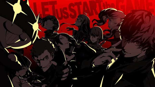 A splash screen of the cast of Persona 5 over a red background with the text "LET US START THE GAME."