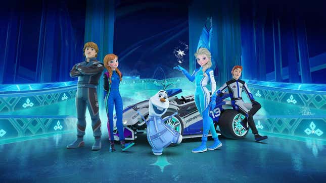 Il cast di Frozen si trova davanti a un carrello della spesa.