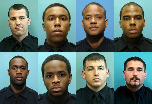 These undated photos provided by the Baltimore Police Department show, from top left, Daniel Hersl, Evodio Hendrix, Jemell Rayam, Marcus Taylor, and from bottom left, Maurice Ward, Momodu Gando, Wayne Jenkins and Thomas Allers. Once members of the department’s now-disbanded Gun Trace Task Force, all eight men have been convicted of federal racketeering charges. A state commission is focusing on providing as much clarity as possible about how orchestrated corruption in the department went undetected for years.