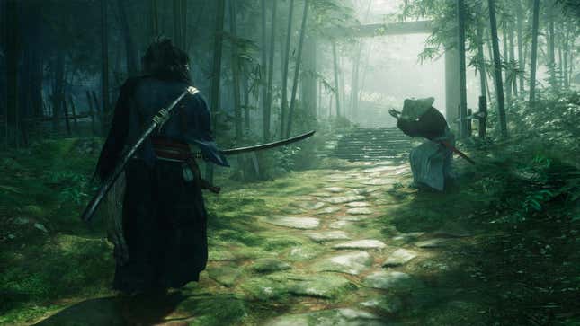 Two samurai approach each other in a bamboo forest. 