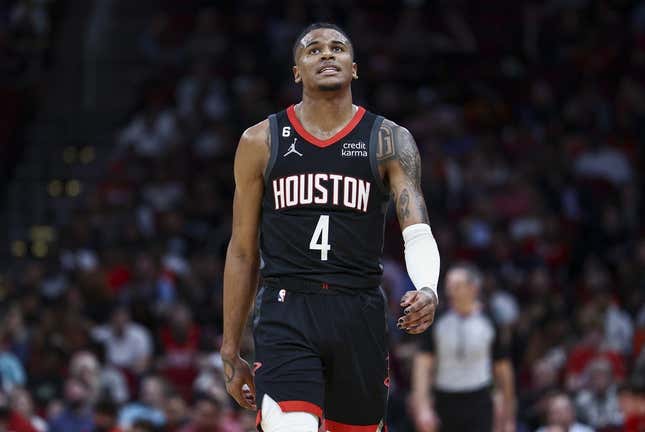 Jan 18, 2023; Houston, Texas, USA;  Houston Rockets guard Jalen Green (4) reacts after a play during the third quarter against the Charlotte Hornets at Toyota Center.