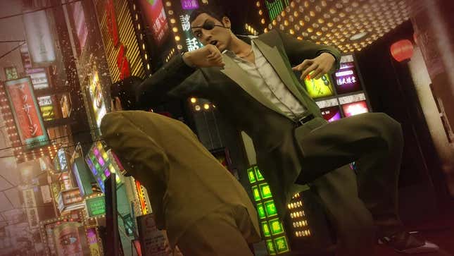 A screenshot of Yakuza 0 showing Goro Majima elbowing a combatant in the back of the head.