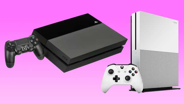 A PlayStation 4 Slim and an Xbox One S console, currently hard to find new in North America. 