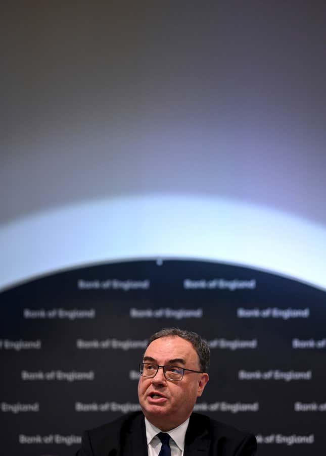 Bank of England Governor Andrew Bailey addresses the media during the central bank&#39;s Monetary Policy Report press conference at the Bank of England, in London, Thursday, Feb. 1, 2024. The Bank of England has kept its main interest rate at a near 16-year high as inflation remains too high for comfort. In a statement Thursday, the bank said it had maintained its key rate at 5.25%, where it has stood since August last year. (Justin Tallis/Pool Photo via AP)