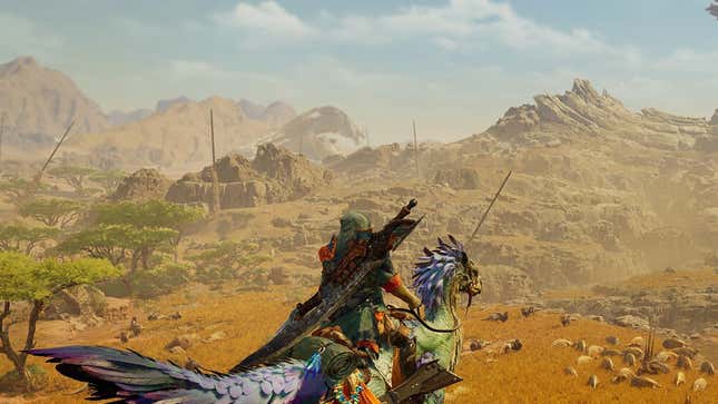 A screenshot from Monster Hunter Wilds showing the protagonist on a rideable monster.
