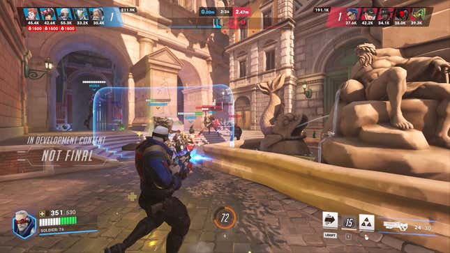 Soldier: 76 shooting enemies in a third-person view.