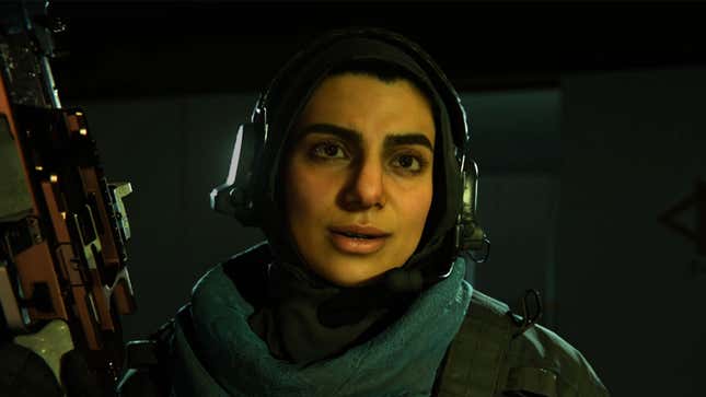 Farah from Modern Warfare looks into the camera while holding a gun. 