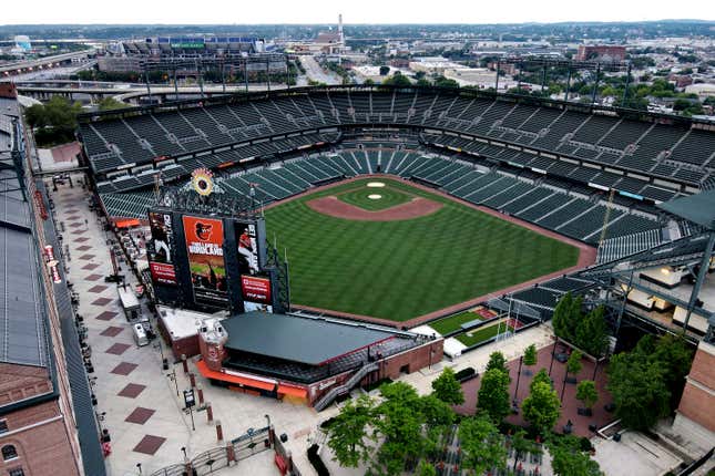 FILE - Oriole Park at Camden Yards is seen in an aerial photo June 27, 2020, in Baltimore. A long-term agreement between the Baltimore Orioles and the Maryland Stadium Authority for a new lease at Camden Yards is moving forward for a vote by state officials next week, Gov. Wes Moore announced. The agreement is slated to go before the Maryland Stadium Authority on Monday, Dec. 18, 2023. (AP Photo/Julio Cortez, File)