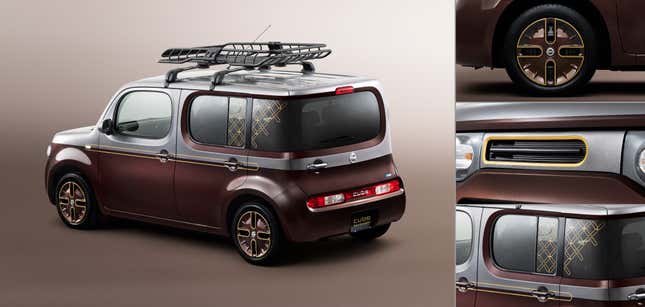 Collage showing different details of a two-tone Nissan Cube
