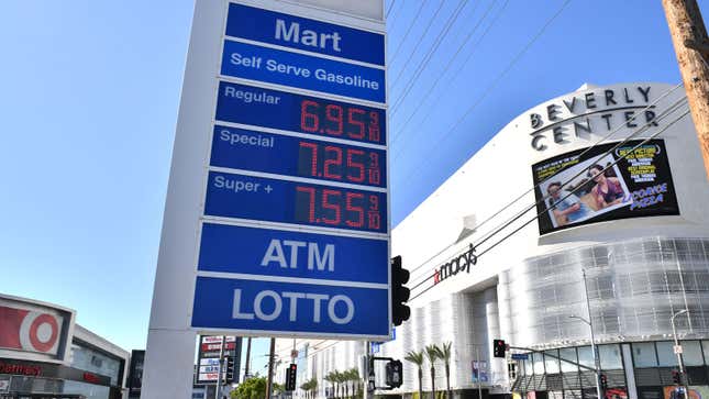 A photo of a tower showing gas prices in America 