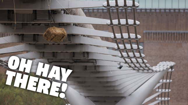 A photo of a hay bale hanging from a London bridge