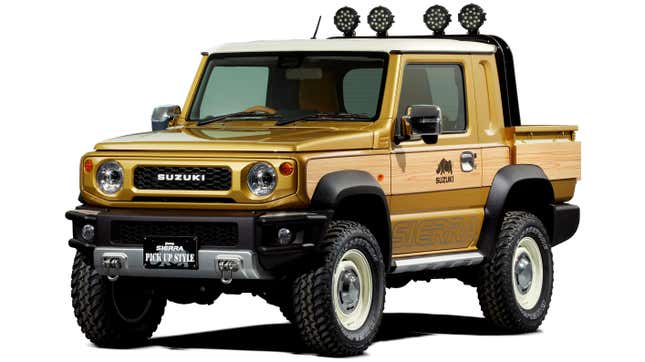 Front 3/4 view of a yellow Suzuki Jimny pickup concept