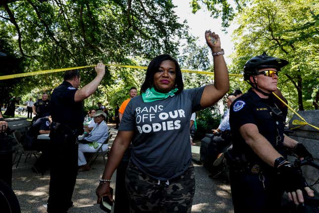  Rep. Cori Bush (D-MO) leaves a processing area after being arrested for participating in a sit-in with activists from the Center for Popular Democracy Action (CPDA) in front of the U.S. Supreme Court Building on July 19, 2022, in Washington, DC.