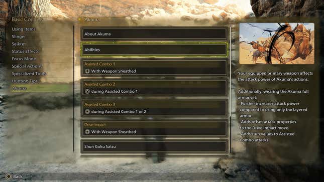 The new Akuma tab in the Basic Controls menu lists out the benefits of wearing his full armor set.