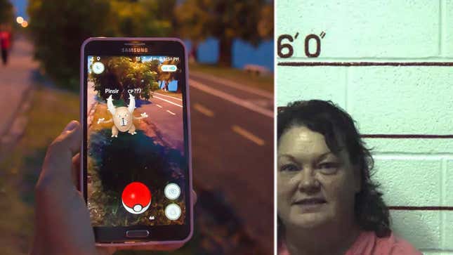 An image shows someone playing Pokémon GO next to a woman's mugshot. 