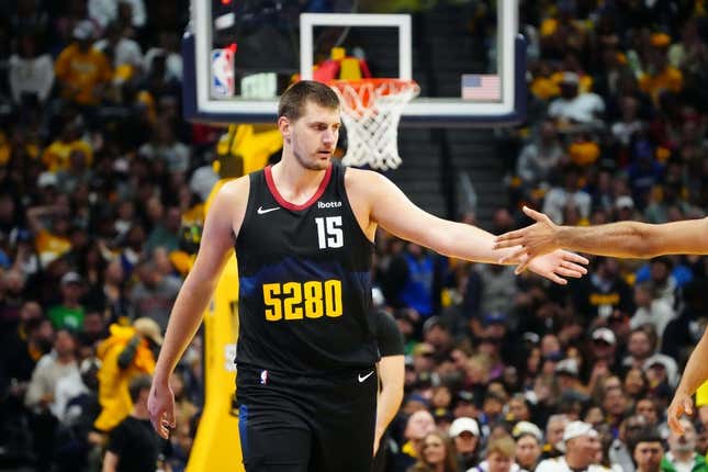 Nov 3, 2023; Denver, Colorado, USA; Denver Nuggets center Nikola Jokic (15) during the second quarter against the Dallas Mavericks at Ball Arena.