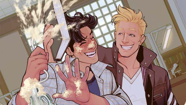 Jack puts a book in front of Vincent as a cocktail foams over onto him.