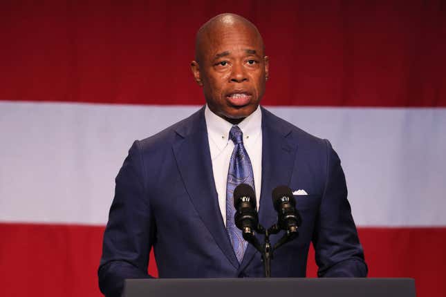  Mayor Eric Adams speaks at the Billie Holiday Theatre in Restoration Plaza on July 28, 2022, in the Bedford-Stuyvesant neighborhood of Brooklyn borough in New York City.