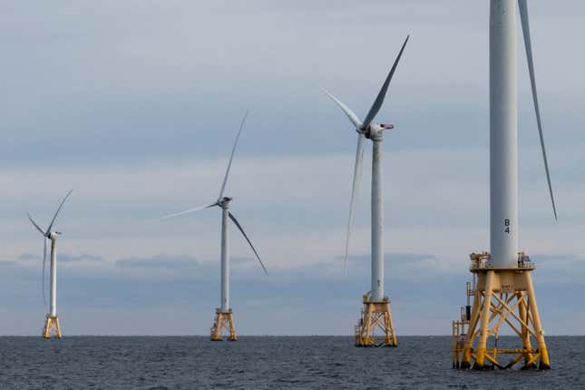 FILE - Turbines operate at the Block Island Wind Farm, Dec. 7, 2023, off the coast of Block Island, R.I. Massachusetts, Rhode Island and Connecticut received proposals for offshore wind projects Wednesday, March 27, 2024, as the three east coast states hope to boost their reliance on the renewable energy source. (AP Photo/Julia Nikhinson, File)