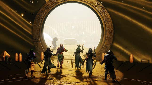 Destiny 2 Guardians embark on one of the Bungie 30th Anniversary Pack's new activities inside of a golden cave. 