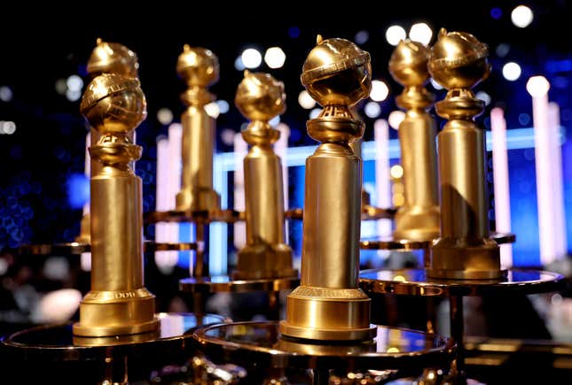 Seven Golden Globe awards arranged for a photoshoot at the 79th Annual Golden Globe Awards
