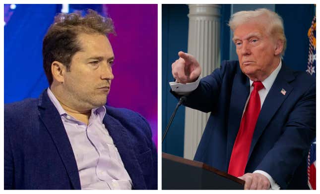 Darren Beattie (L) speaks at a Turning Point USA panel in Arizona. President Donald Trump (R) calls on reporters during a press conference about the collision of an American Airlines flight with a military Black Hawk helicopter near Ronald Reagan National Airport.