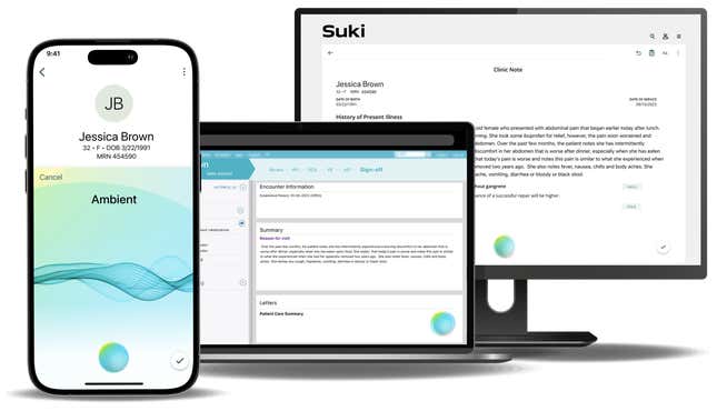 Suki assistant displayed on a phone, laptop, and desktop screen