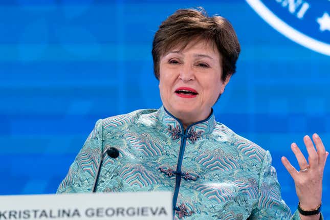 FILE - International Monetary Fund Managing Director Kristalina Georgieva speaks at a news conference, during the World Bank/IMF Spring Meetings at the International Monetary Fund (IMF) headquarters in Washington, on April 14, 2023. The global economy has shown remarkable resilience but still bears deep scars from the coronavirus pandemic, the war in Ukraine and rising interest rates. That&#39;s according to Georgieva. She spoke Thursday, Oct. 5, in Abidjan, Ivory Coast, ahead of next week’s fall meetings of the IMF and the World Bank. (AP Photo/Jose Luis Magana, file)