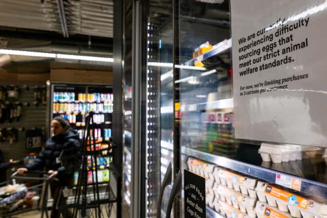 Cartons of eggs are displayed at a grocery store with a warning that limits will be placed on purchases as bird flu continues to affect the egg industry on February 10, 2025 in New York City.