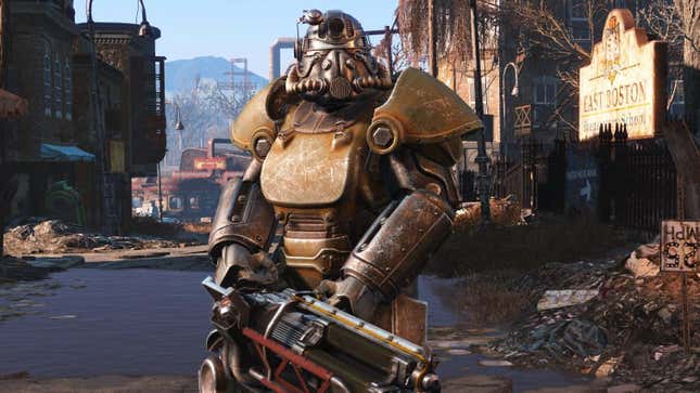 Someone stands in power armor in a bombed out Boston street. 