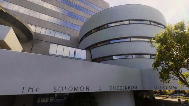 Spider-Man stands on top of the Guggenheim museum. 