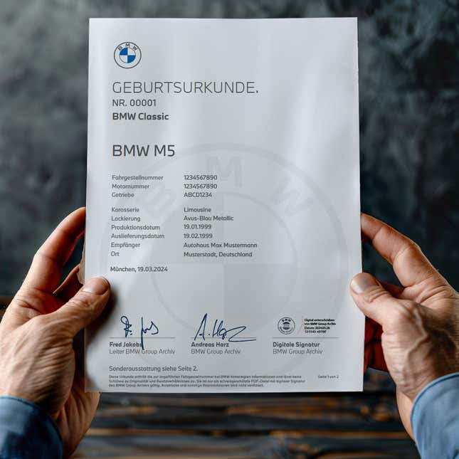 A photo from the BMW website of the new birth certificate