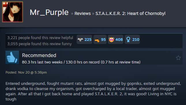 A screenshot shows a Steam user review for Stalker 2.