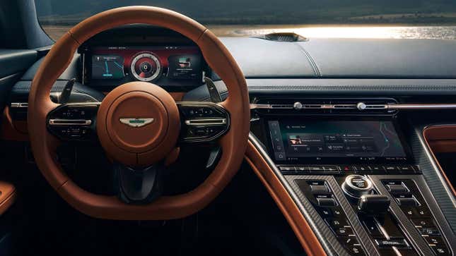 A photo of the interior of the Aston Martin DB12 sports car. 