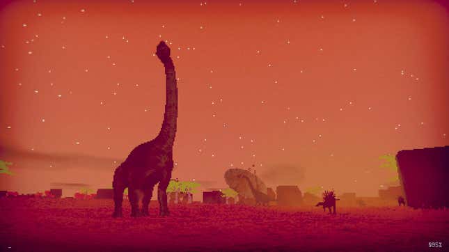 A long-necked dino sands near a satellite dish.