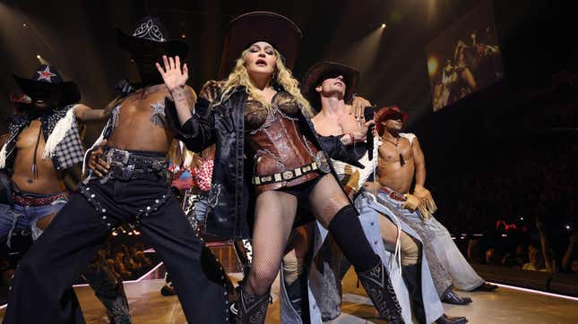 Madonna performing during the Celebration tour