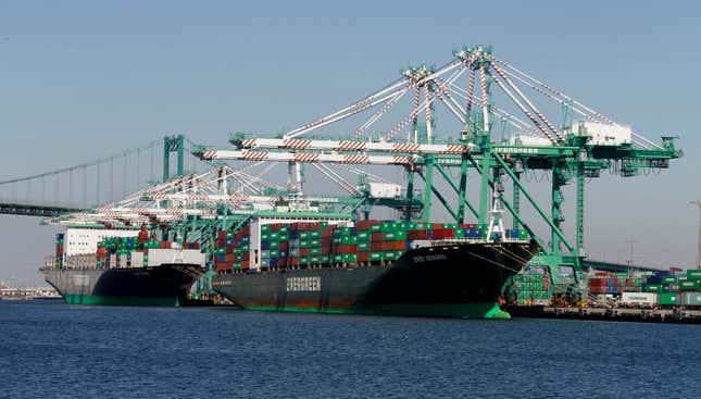 Shipping containers stacked on ship in Los Angeles