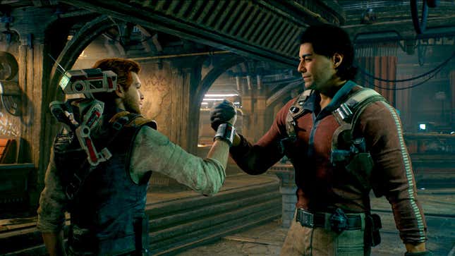 Star Wars Jedi: Survivor characters Cal Kestis (left) and Bode Akuna (right) clasp hands after high fiving.