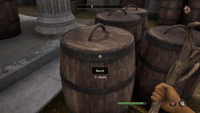 The player looks at a barrel.