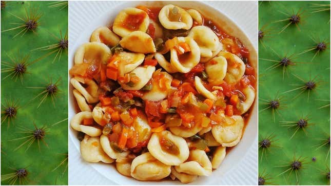 Bowl of orecchiette dressed with sugo finto "fake sauce"