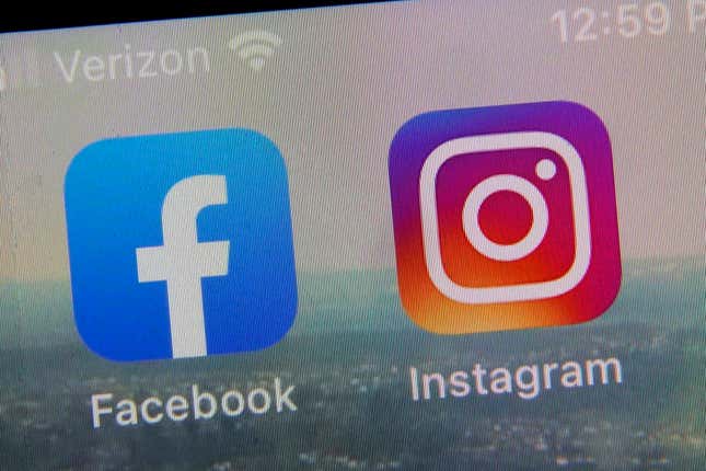 FILE - A view of the mobile phone app logos for, from left, Facebook and Instagram in New York, Oct. 5, 2021. Meta plans to give European Facebook and Instagram users the option of paying for ad-free versions of the social media services as a way to comply with the continent’s data privacy rules, the Wall Street Journal reported on Tuesday, Oct. 3, 2023. (AP Photo/Richard Drew, file)
