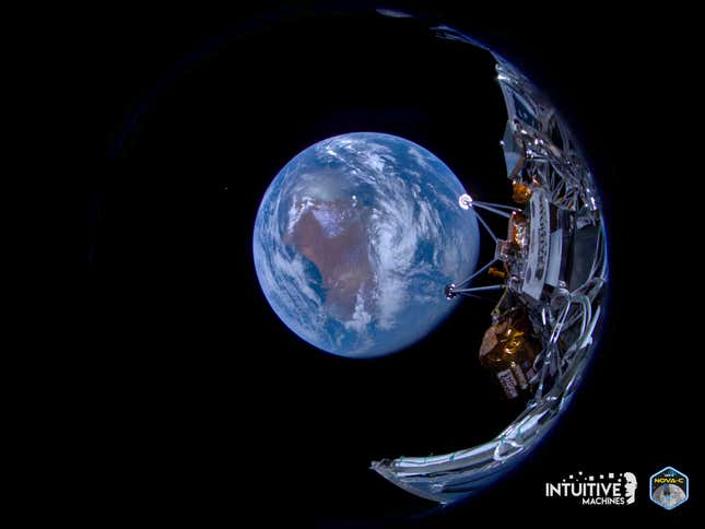 This image provided by Intuitive Machines shows its Odysseus lunar lander with the Earth in the background on Feb. 16, 2024. The image was captured shortly after separation from SpaceX&#39;s second stage on Intuitive Machines&#39; first journey to the moon. (Intuitive Machines via AP)