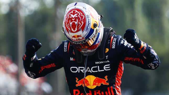 A photo of Max Verstappen with his fists in the air. 