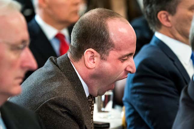 Stephen Miller, senior advisor for president Donald J. Trump, yawns as the president speaks about ways to combat mass shootings at high schools during a meeting with the nation’s governors in the State Dining Room of the White House.