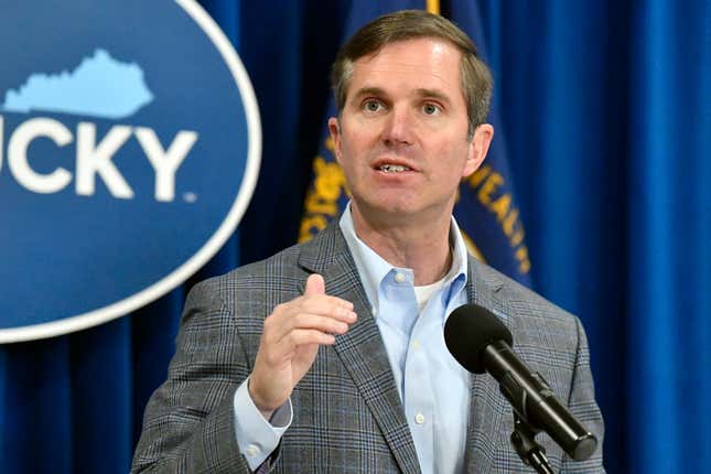 FILE - Kentucky Gov. Andy Beshear speaks in the Rotunda of the state Capitol, Tuesday, March 26, 2024, in Frankfort, Ky. Beshear on Thursday, April 4, vetoed legislation promoting nuclear energy in coal-producing Kentucky, but stressed his objections dealt with an advisory board and not with the use of nuclear power. (AP Photo/Timothy D. Easley, File)