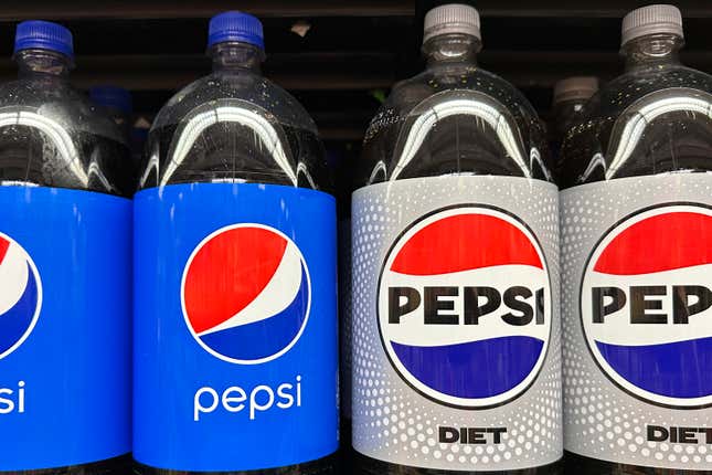 FILE - Plastic bottles of Pepsi are displayed at a grocery store in New York on Nov. 15, 2023. Before inflation began heating up, a 2-liter bottle of soda it cost an average of $1.67 in supermarkets across America. Three years later it is going for $2.25 – a 35% increase.(AP Photo/Ted Shaffrey, File)