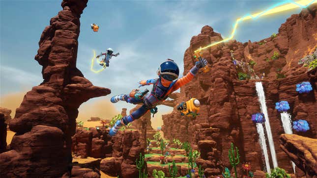 A traveler swings through the air on a strange world.