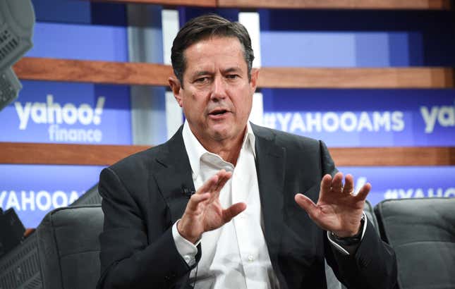 FILE - Barclays CEO Jes Staley participates in the Yahoo Finance All Markets Summit at Union West on Oct. 10, 2019, in New York. Britain’s financial regulator has fined the American former chief executive of Barclays, Jes Staley, 1.8 million pounds ($2.2 million) and banned him from holding senior financial roles for misleading it over the nature of his relationship with the late sex offender Jeffrey Epstein. (Photo by Evan Agostini/Invision/AP, File)